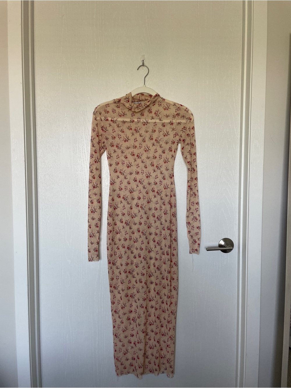 Velvet Torch Beige Maxi Mesh Dress with Red Floral Print